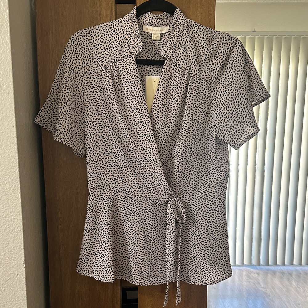 NWT Elegant Black and Cream Wrap Top